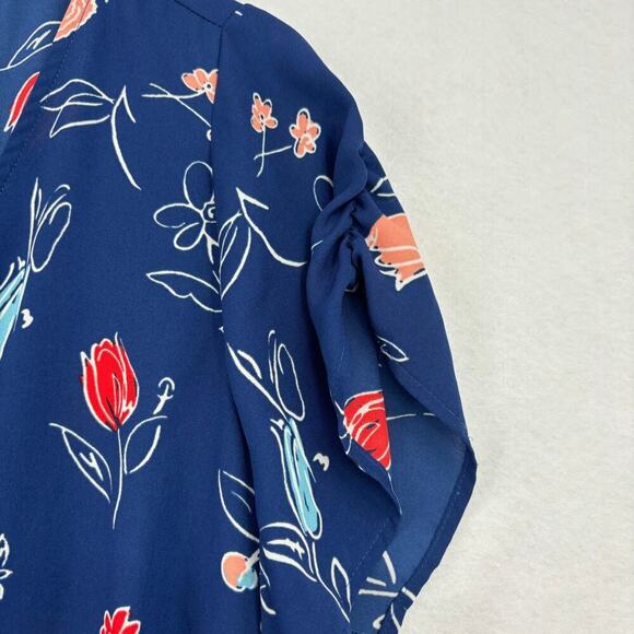 Modcloth Blouse Top Semi Sheer Cap Sleeve Covered Buttons Blue Floral Size 1X - Picture 6 of 12
